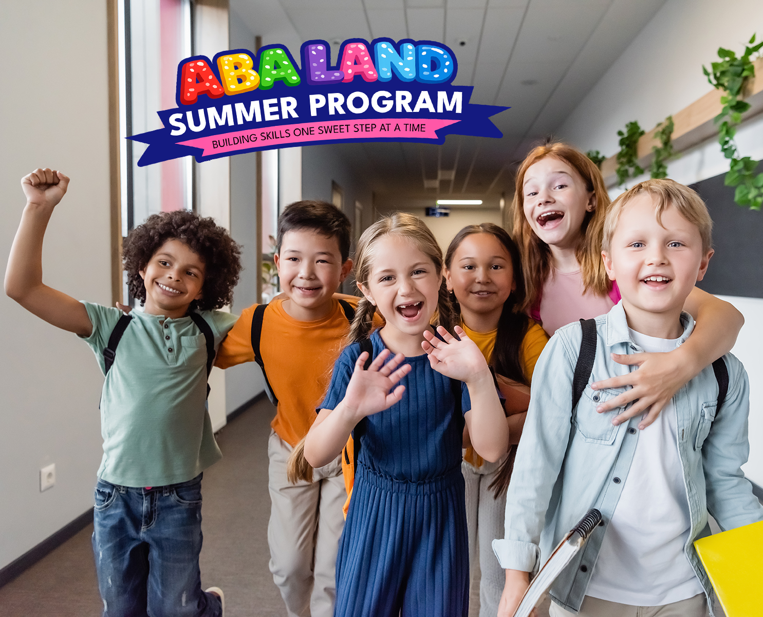 cheerful multiethnic kids embracing, waving hands and showing rejoice gesture at school
