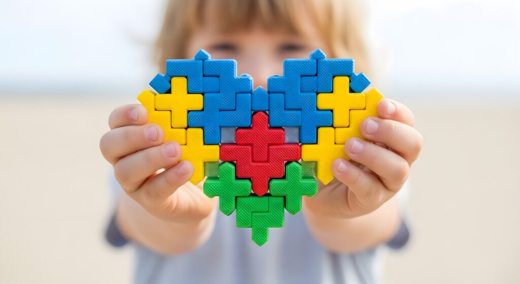 Child holds a colorful puzzle heart symbol for autism awareness with awareness