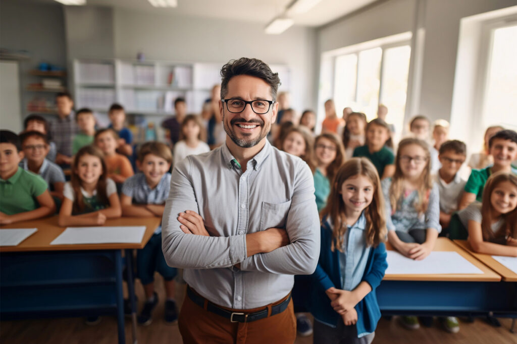 Portrait of smiling male teacher in a class at elementary school