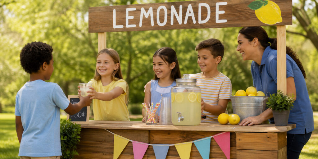 Teacher and students at a lemonade stand during a summer ESY activity, using school-based ABA support to build social, communication, and functional learning skills.