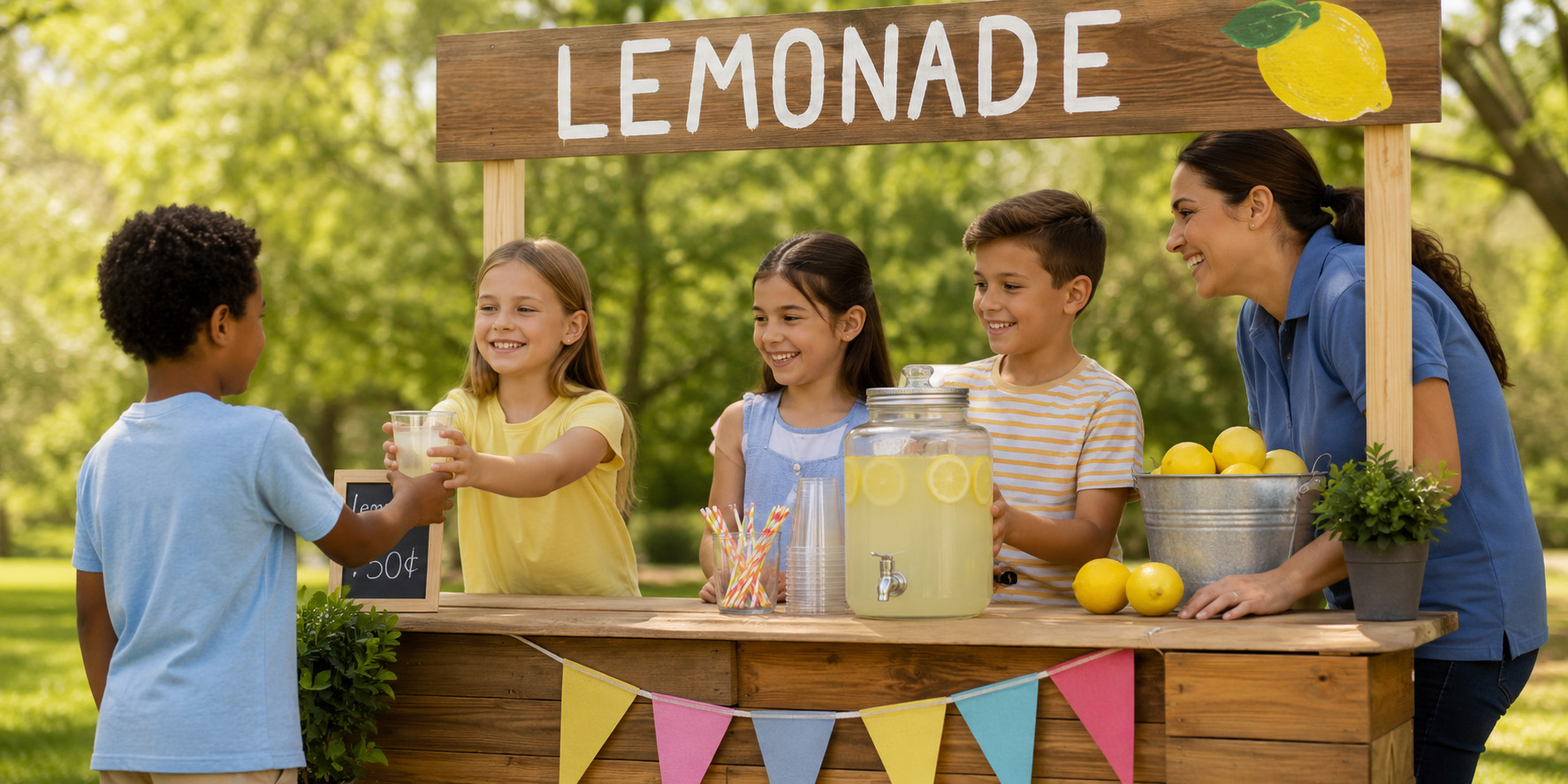 Teacher and students at a lemonade stand during a summer ESY activity, using school-based ABA support to build social, communication, and functional learning skills.