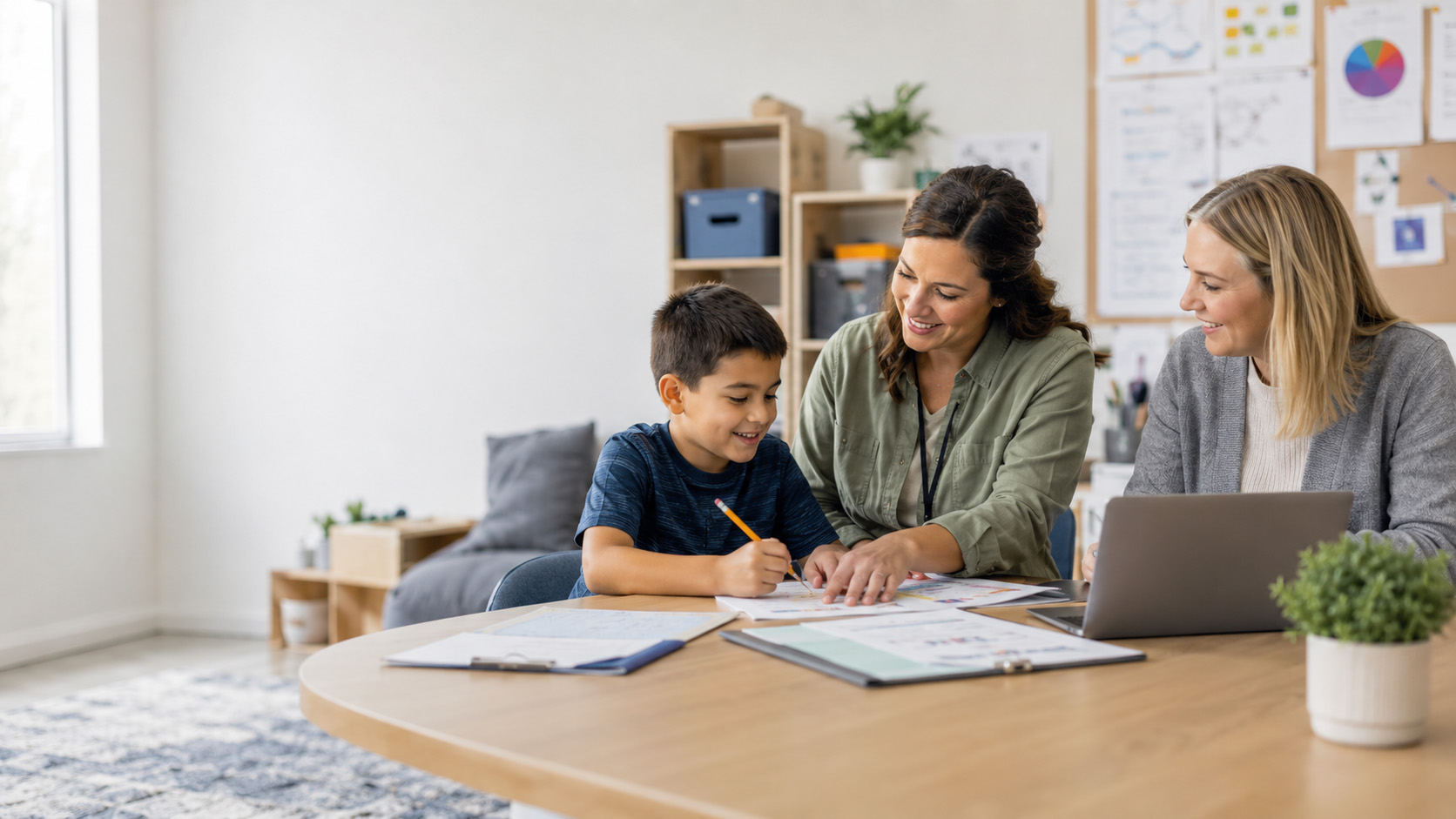 Realistic classroom support team helping a student with progress monitoring and special education documentation for Applied ABC and ATrack Solutions blog.