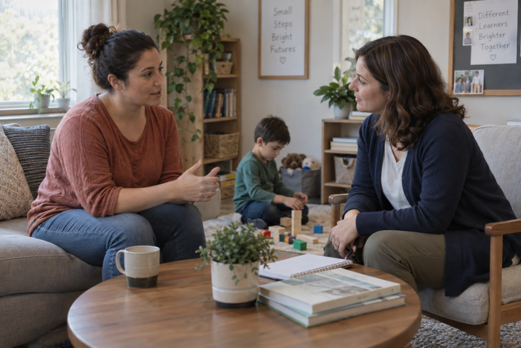 AI-generated scene of a parent talking with a care professional while a child plays nearby.