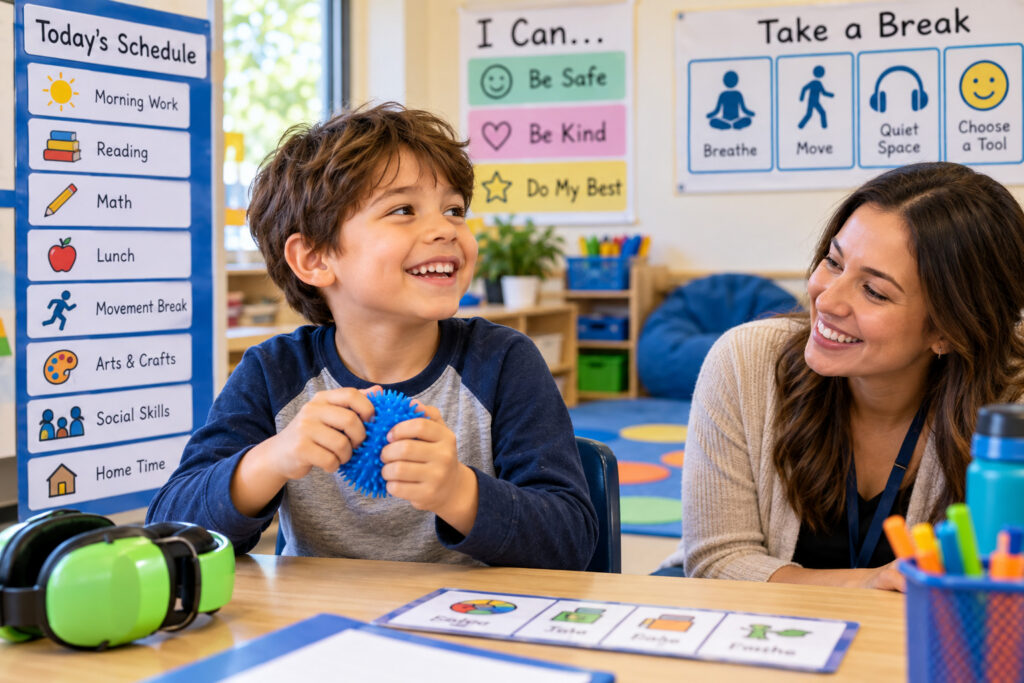 Elementary student with autism using a visual schedule in the classroom.