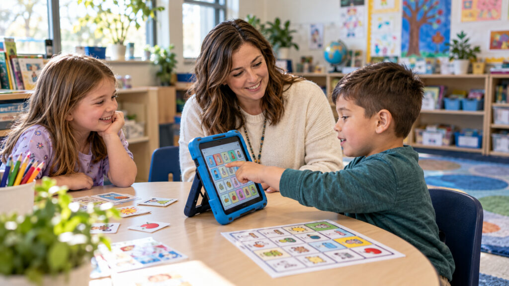 A student uses an AAC tablet during a classroom activity with a teacher and peer.