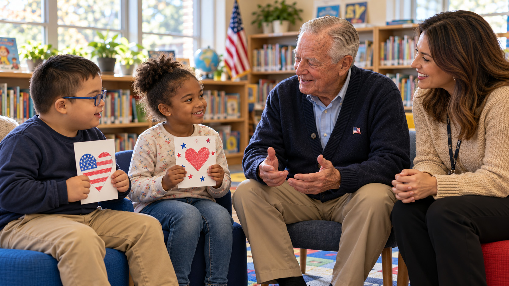 Veteran guest welcomes students in the library