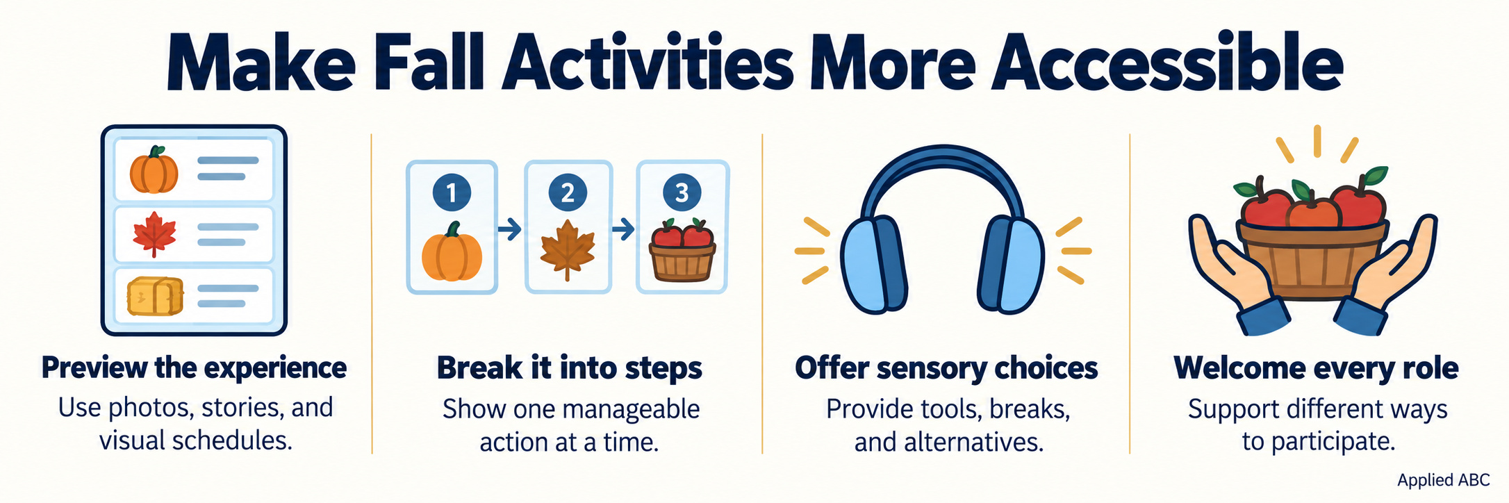 Four ways to make fall activities accessible: preview experiences, break tasks into steps, offer sensory choices, and welcome every role.